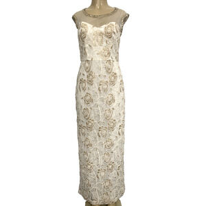 Sue Wong Nocturne Dress Maxi Sheath Sleeveless Floral Embroidery Ivory Gold 8 M